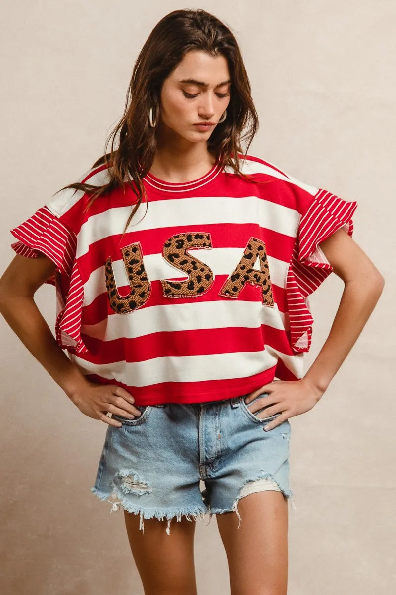 Image of BiBi Stripe Mixed Ruffle Sleeve Top With Leopard Letter | Queeble.shop