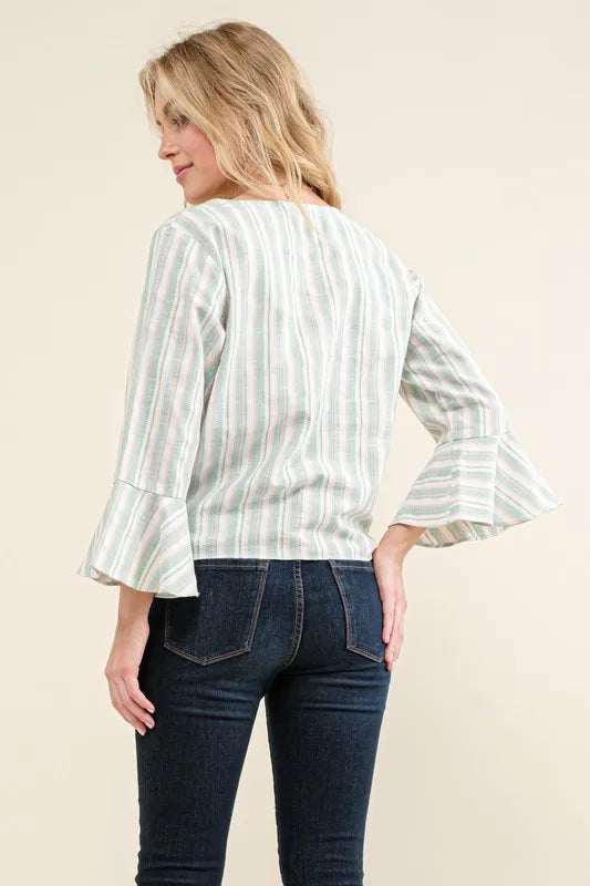 Image of And The Why Stripe Tie Knot Front Bell Sleeve Top | Queeble.shop