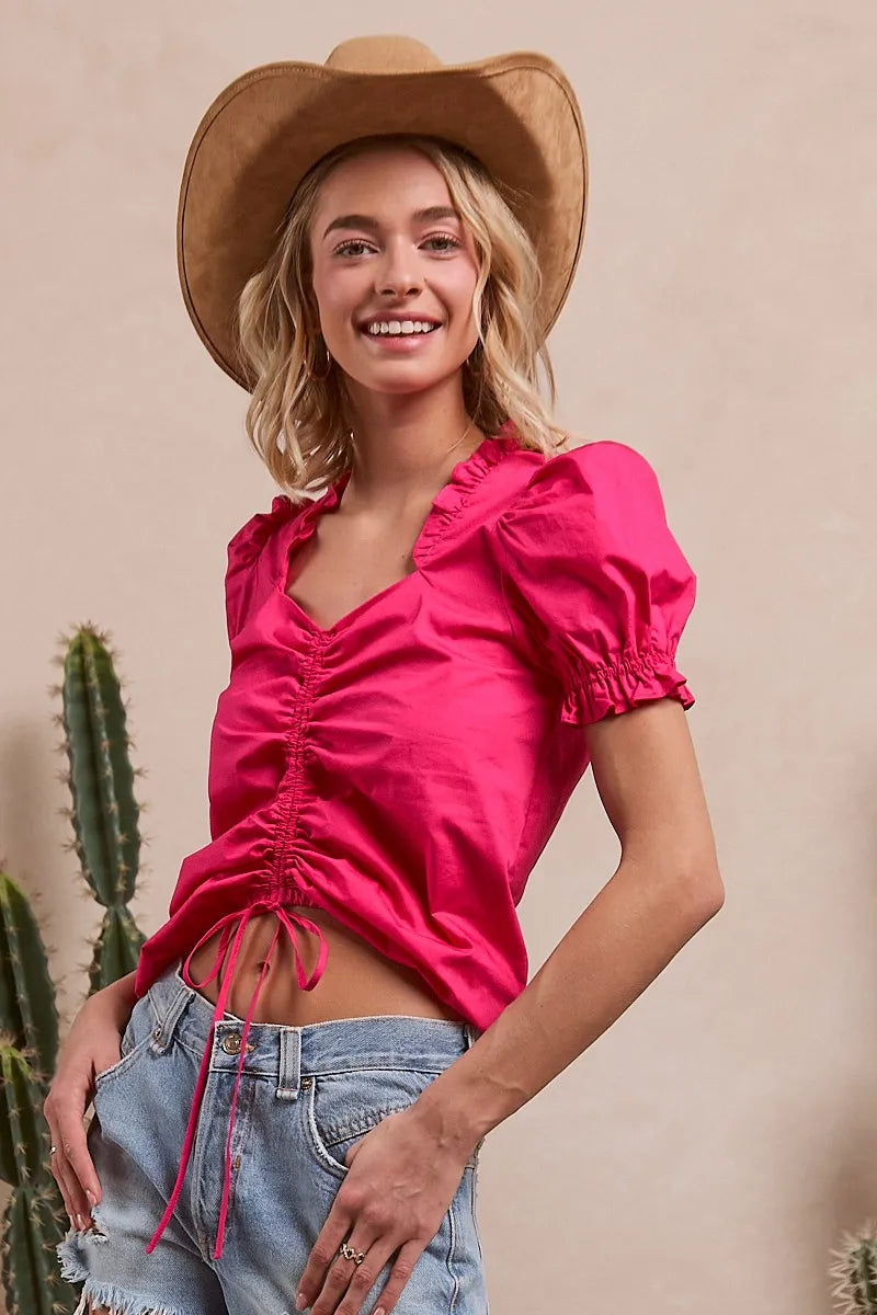 Image of BiBi Ruffled Square Neck With Front Ruched Puff Sleeve | Queeble.shop