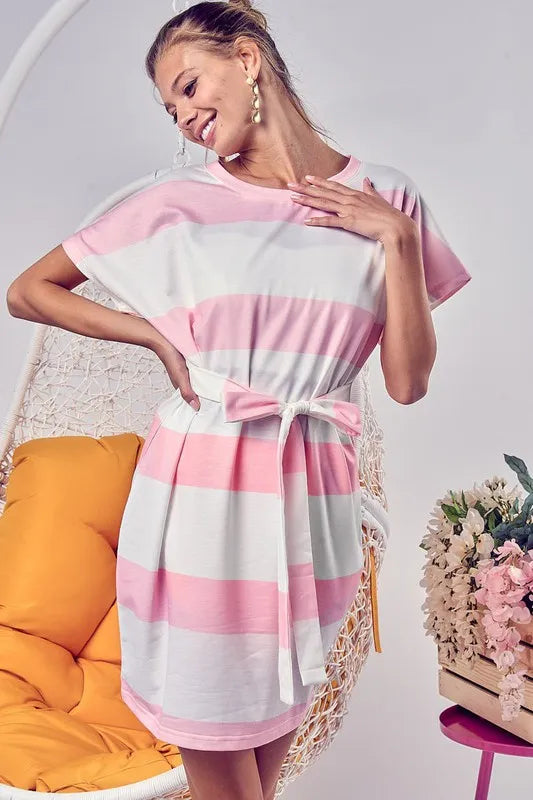 Image of BiBi Tie Front Striped Short Sleeve Dress | Queeble.shop