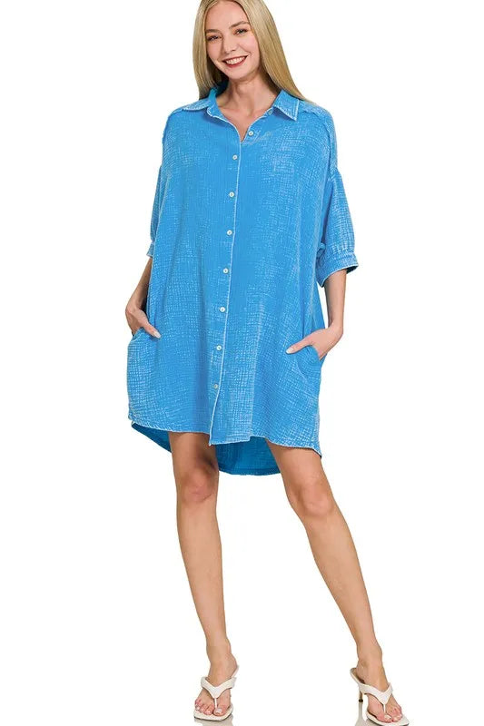 Image of Zenana Washed Double Gauze Button Down Shirt Dress | Queeble.shop