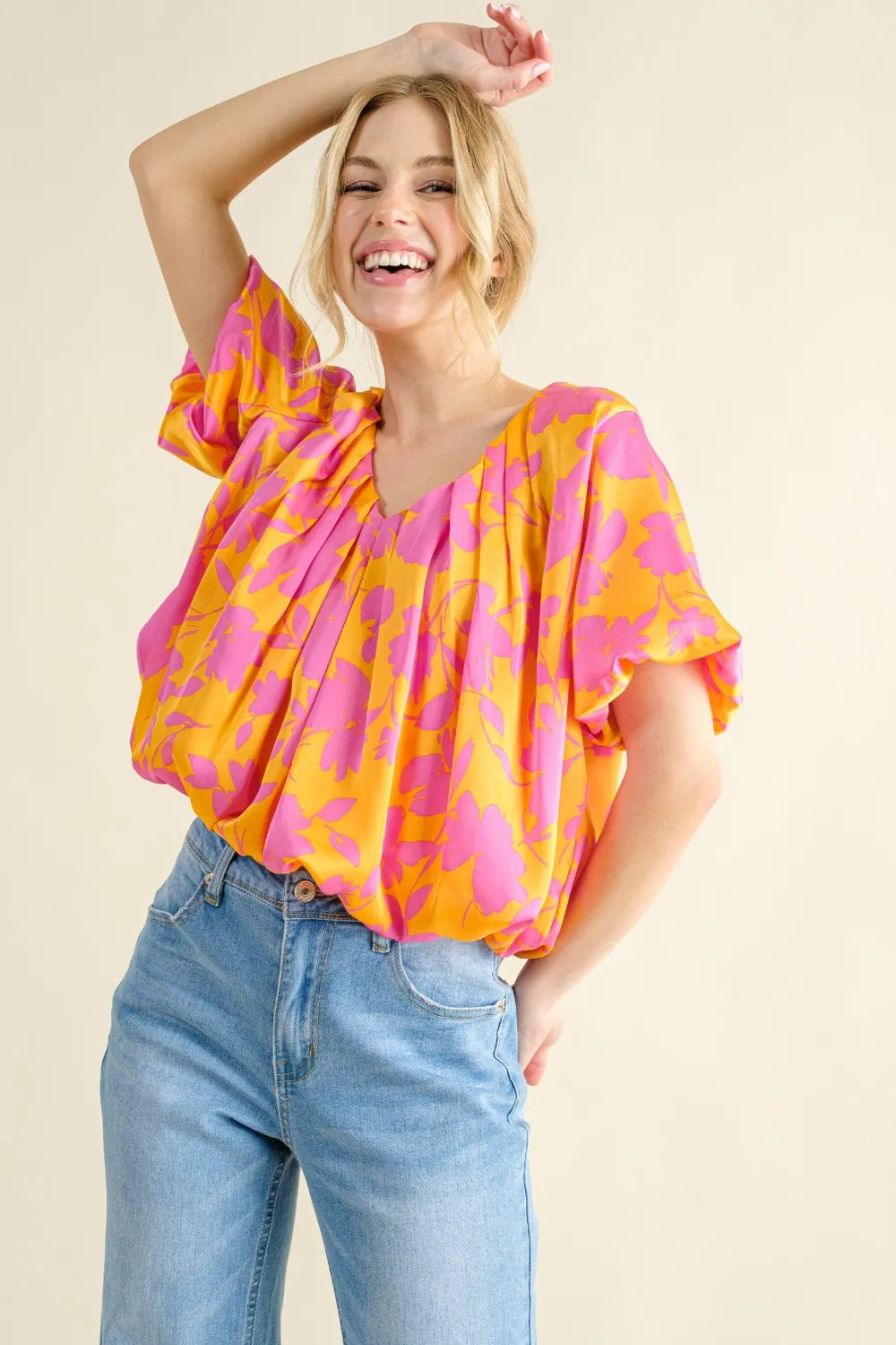 Image of And The Why Full Size Printed Satin Bubble Hem Top | Queeble.shop