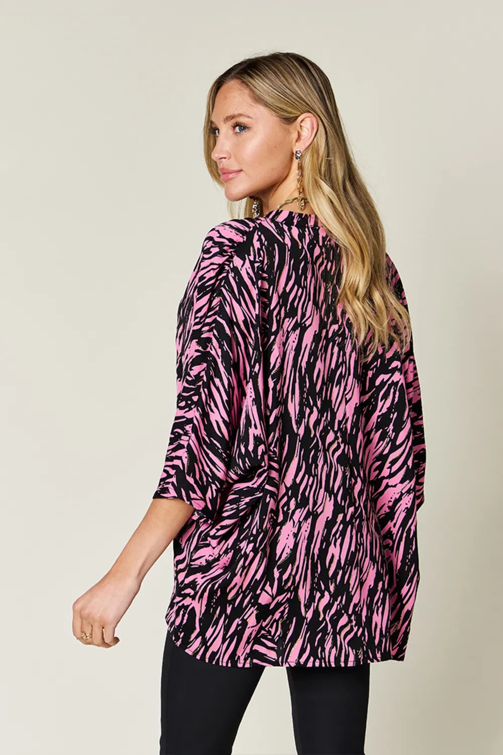 Image of Double Take Full Size Printed Notched Three-Quarter Sleeve Blouse | Queeble.shop