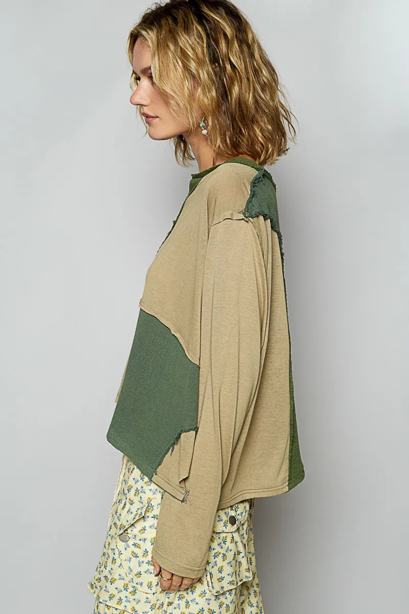 Image of POL Color Block Notched Long Sleeve T-Shirt | Queeble.shop