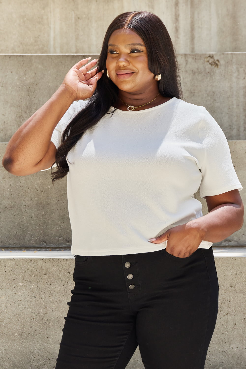 Image of And The Why Pearly White Full Size Criss Cross Pearl Detail Open Back T-Shirt | Queeble.shop