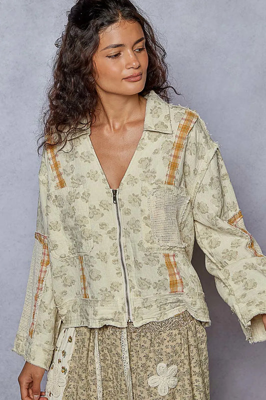 Image of POL Raw Hem Zip Up Floral Jacket with Plaid and Crochet Patch | Queeble.shop