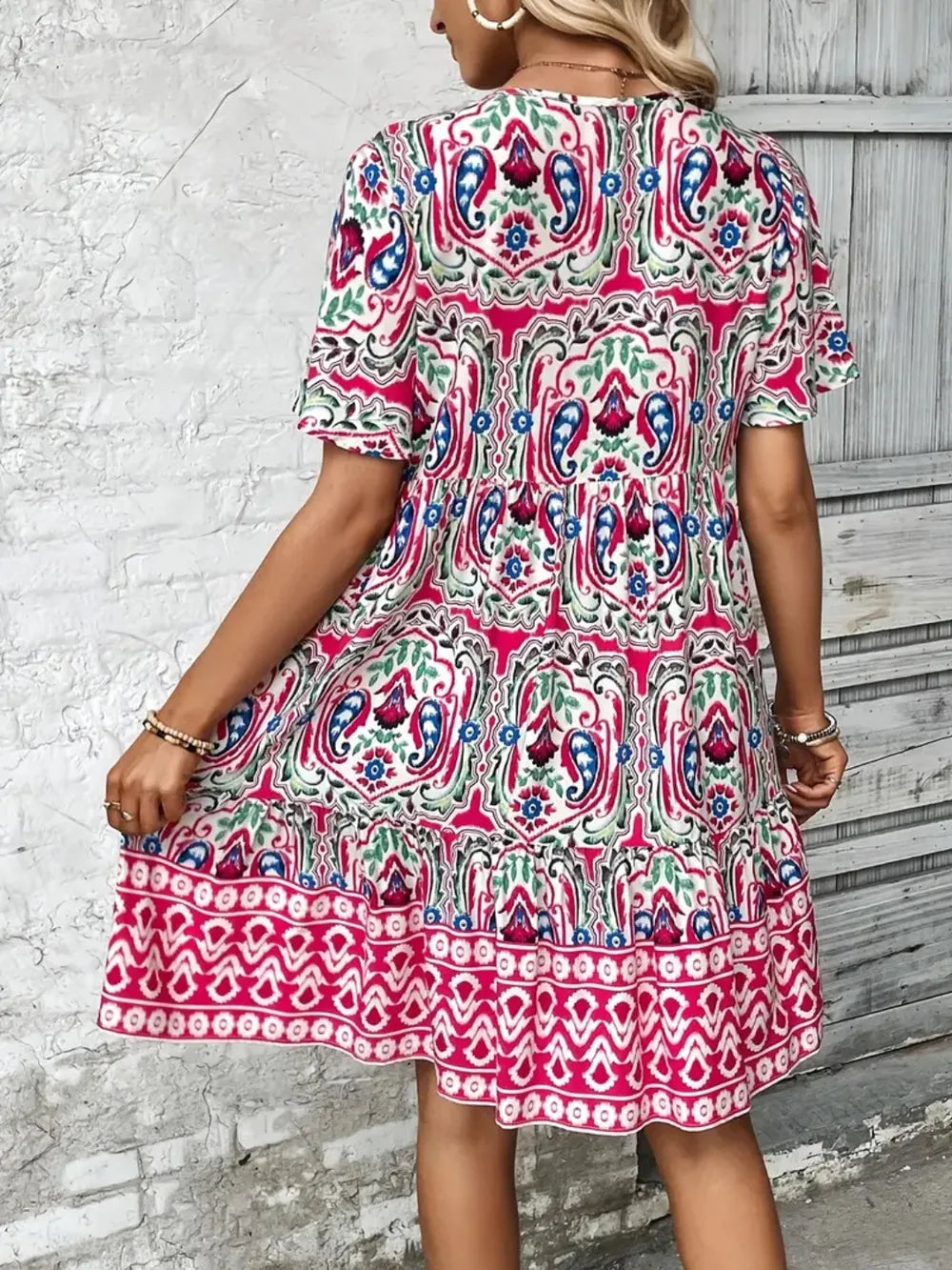 Image of Printed Tie Neck Short Sleeve Dress | Queeble.shop