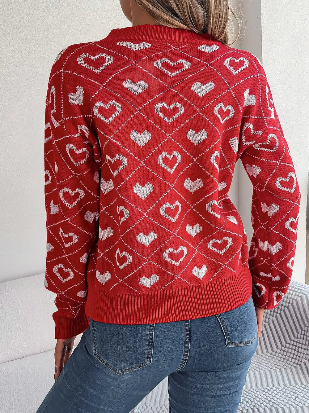 Image of Heart Pattern V-Neck Long Sleeve Sweater | Queeble.shop