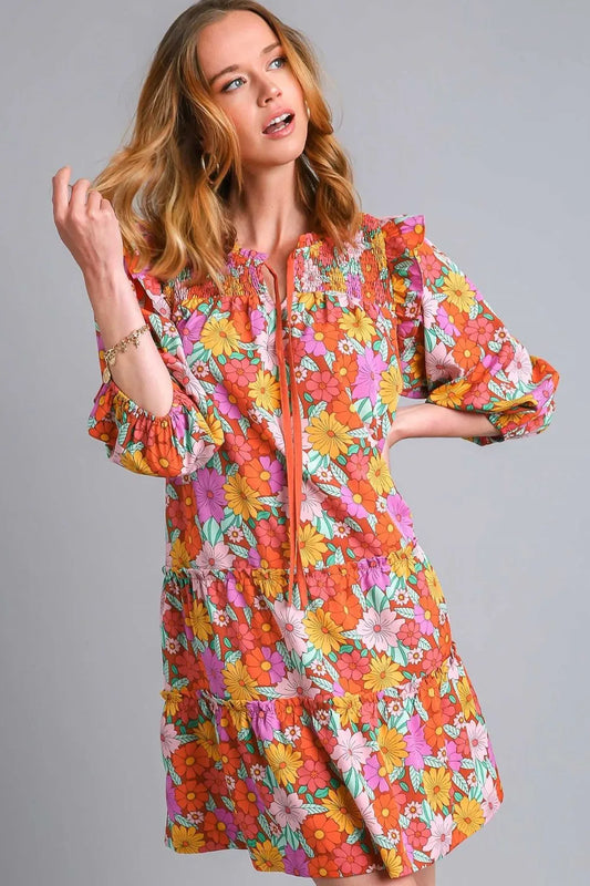 Image of Umgee Full Size Ruffled Flower Print Tie Neck Tiered Dress Plus Size | Queeble.shop