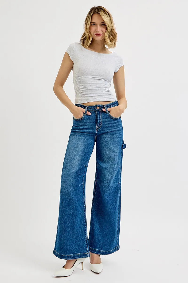 Image of RISEN Full Size High Rise Wide Leg Patch Detailed Jeans Plus Size | Queeble.shop