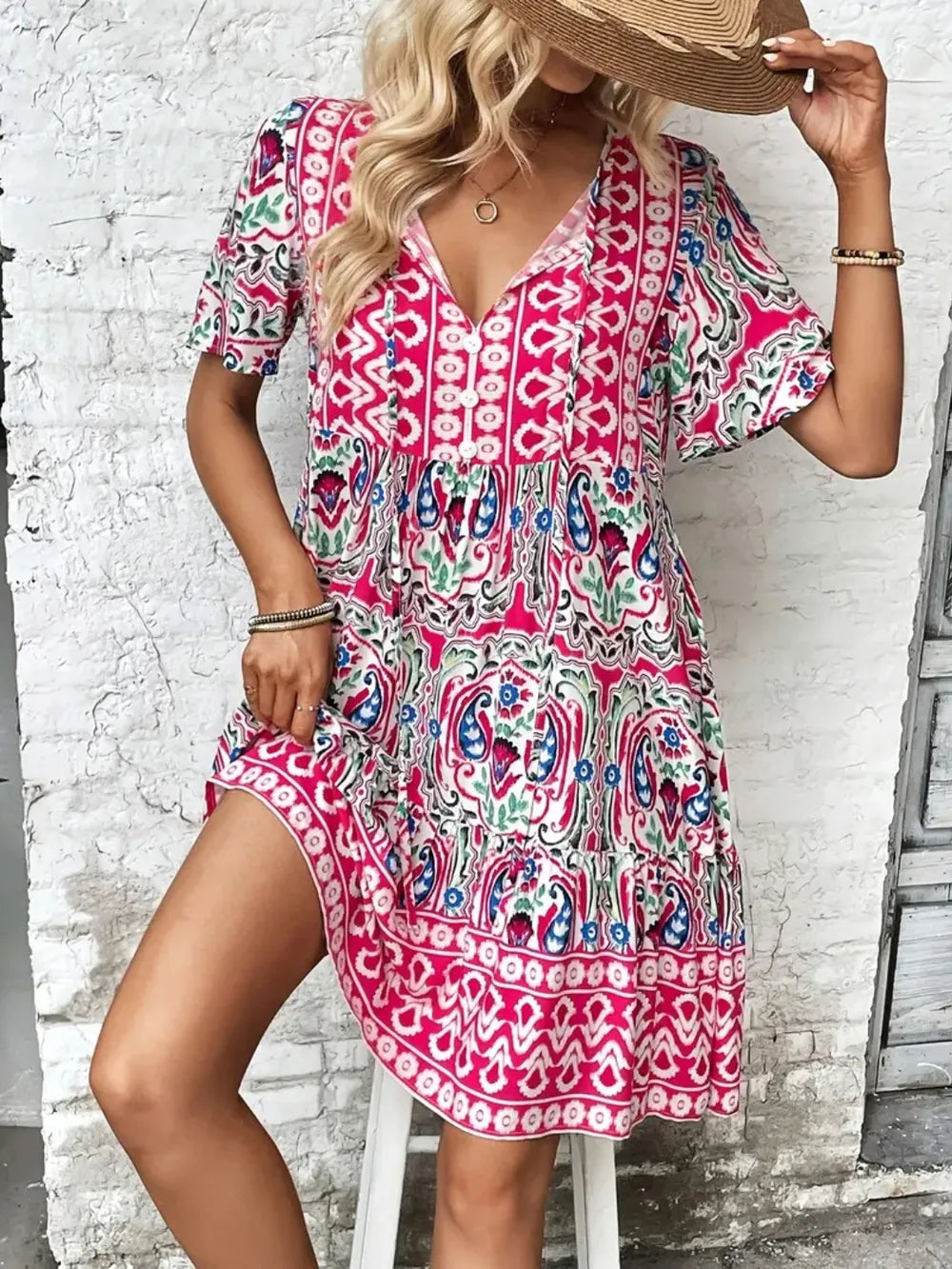 Image of Printed Tie Neck Short Sleeve Dress | Queeble.shop