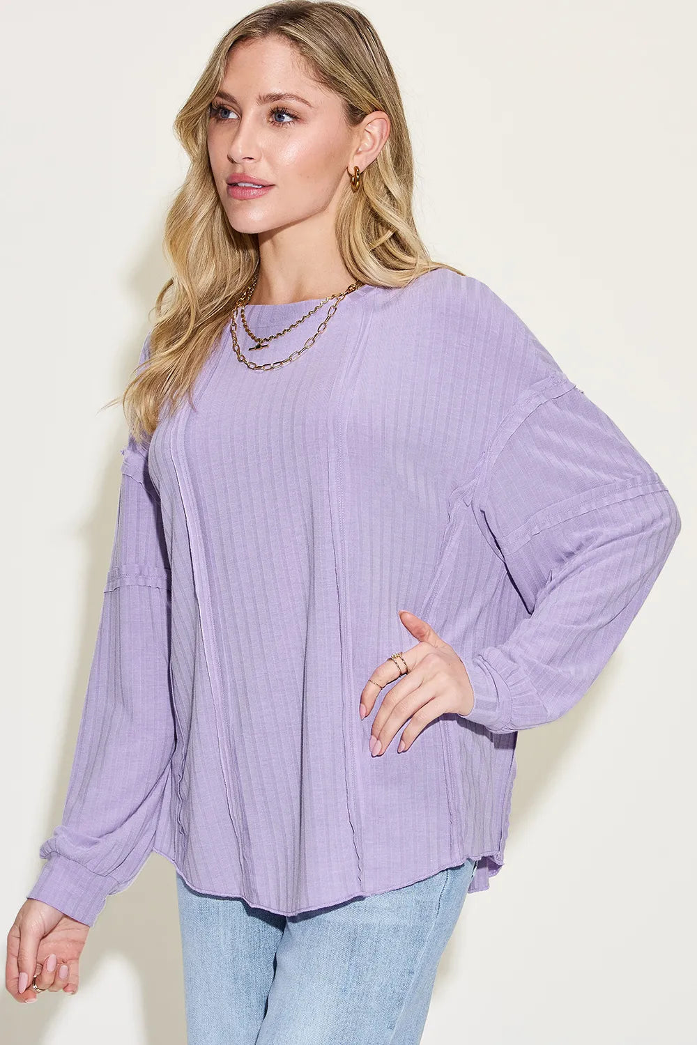 Image of Basic Bae Full Size Ribbed Round Neck Long Sleeve T-Shirt | Queeble.shop