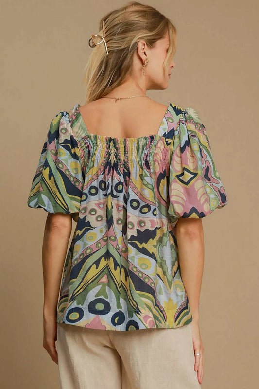 Image of Umgee Full Size Abstract Print Smocked Square Neck Puff Sleeve Blouse | Queeble.shop
