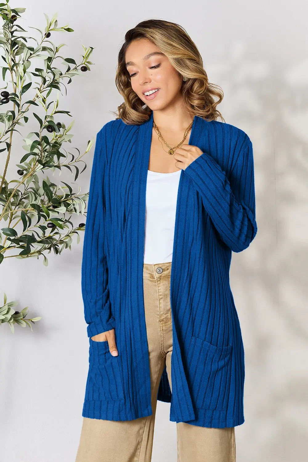 Image of Basic Bae Full Size Ribbed Open Front Cardigan with Pockets | Queeble.shop