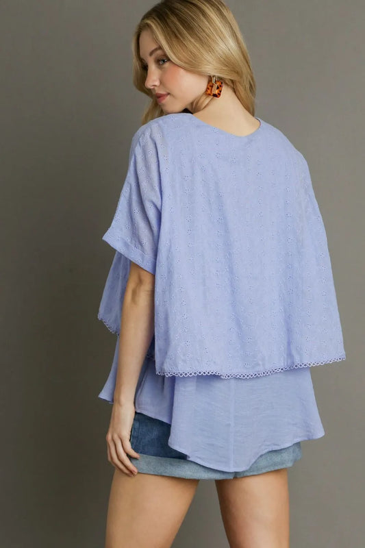 Image of Umgee Full Size Eyelet Layered Short Sleeve Blouse Plus Size | Queeble.shop