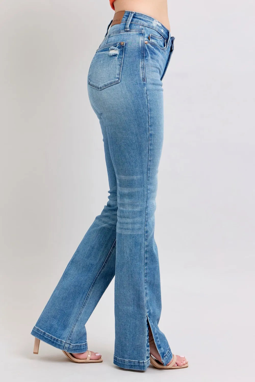 Image of Judy Blue HW Tummy Control Vintage Wash Side Slit Slim Boot Jeans | Queeble.shop