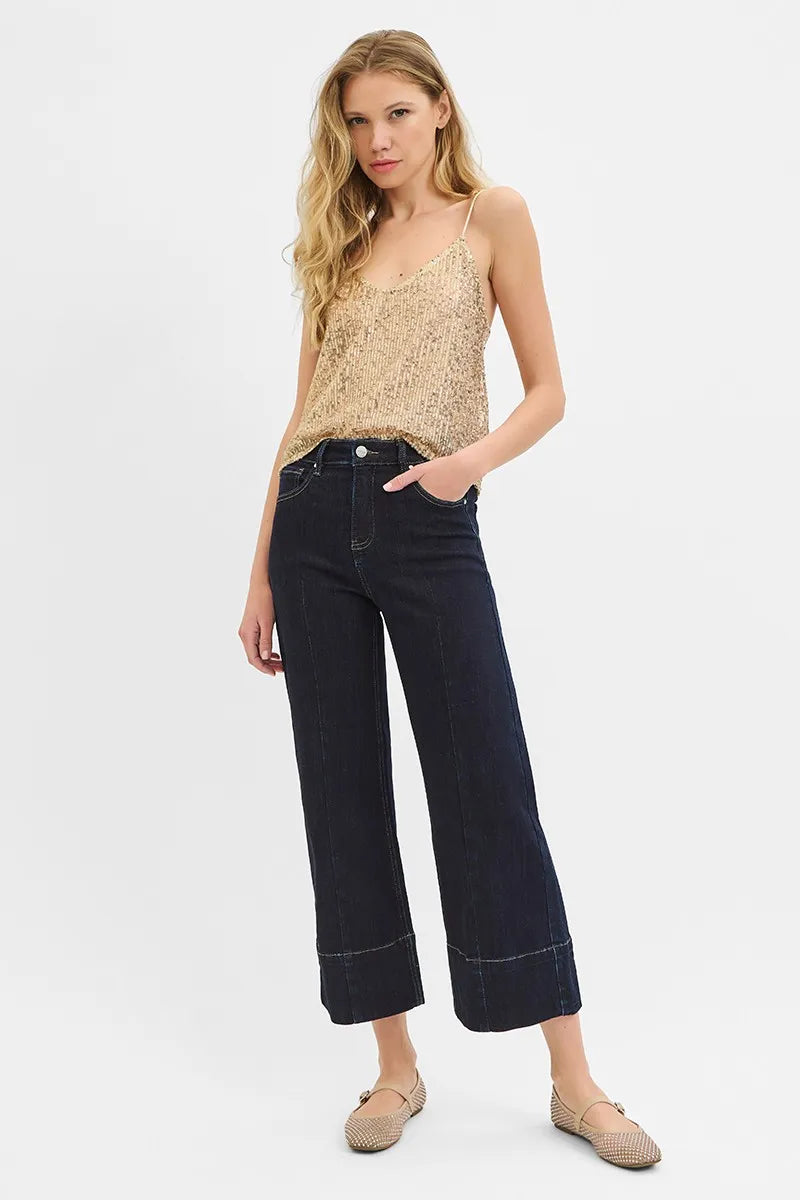 Image of RISEN Tummy Control High Rise Crop Wide Seam Detailed Jeans | Queeble.shop