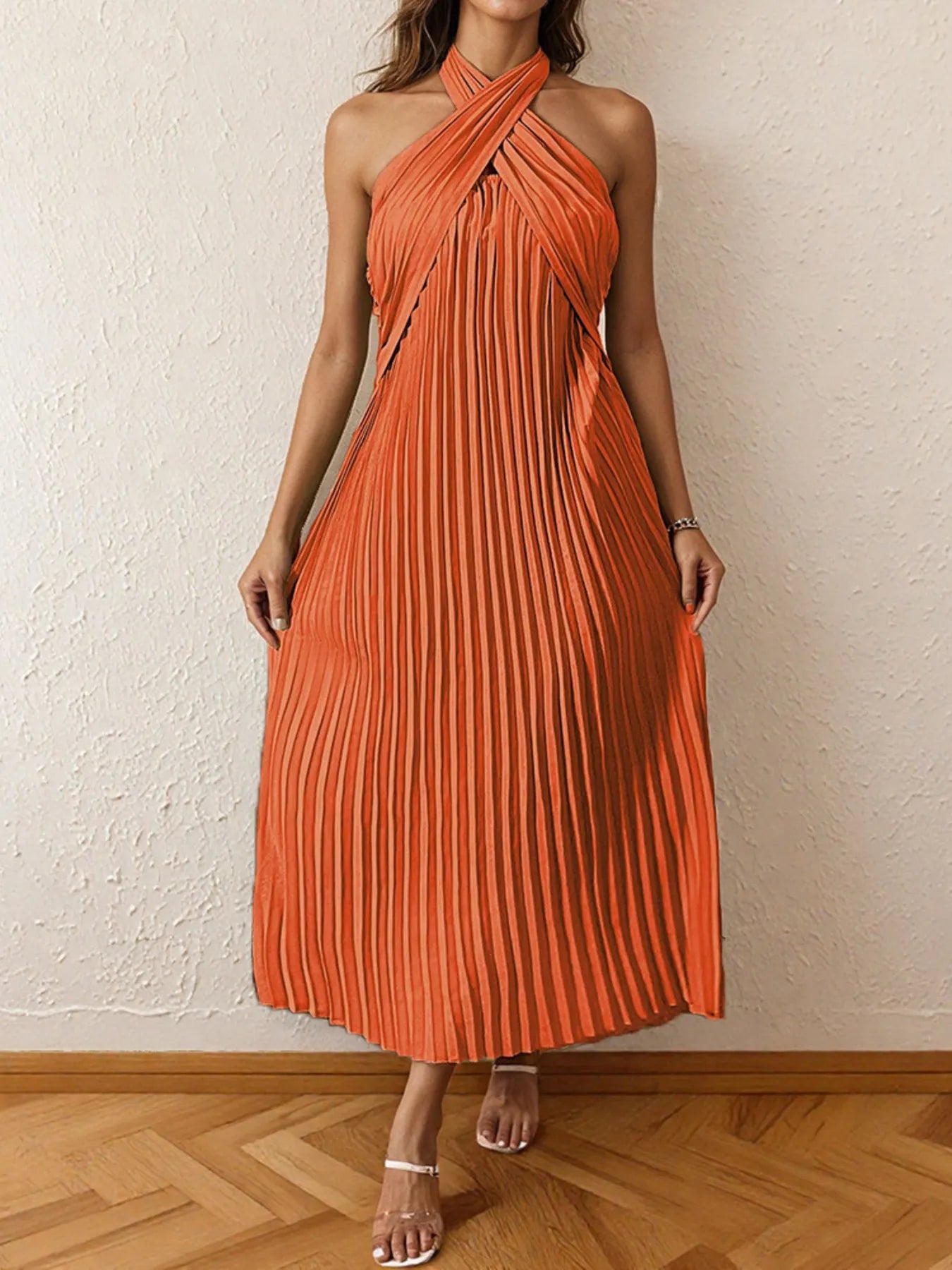 Image of Pleated Halter Neck Midi Dress | Queeble.shop