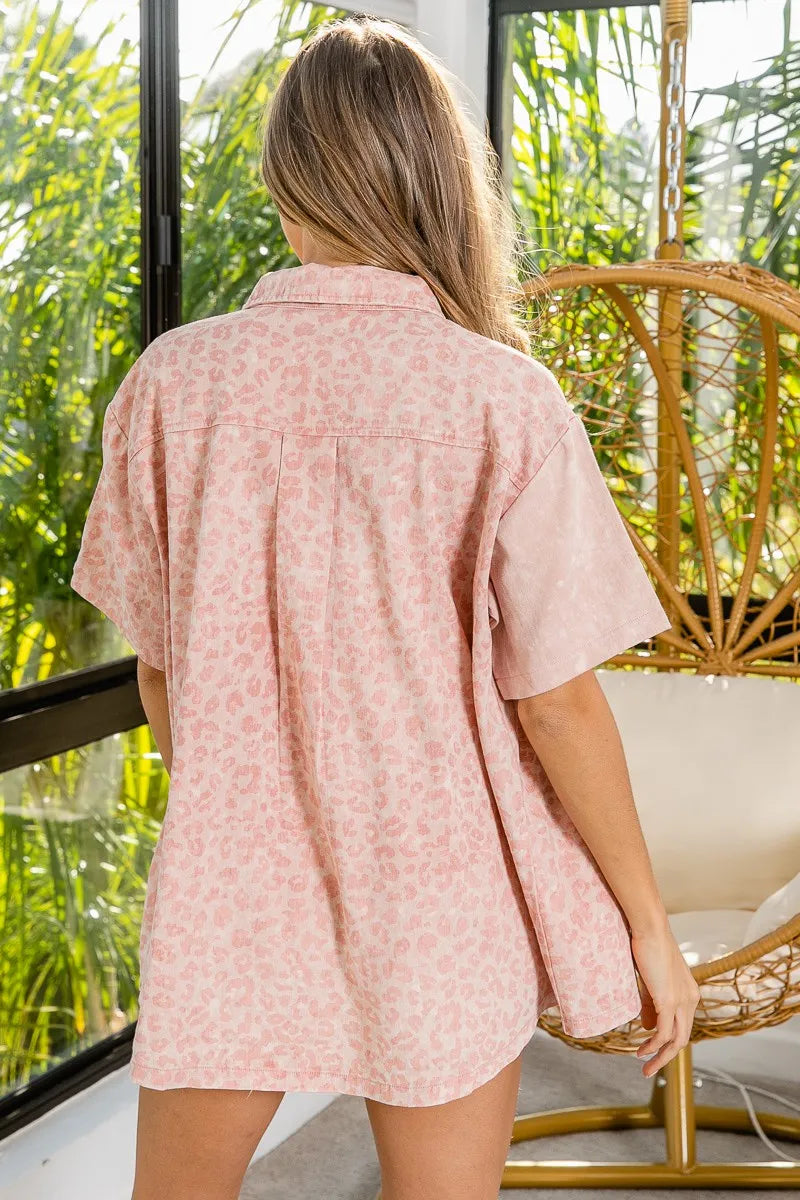 Image of BiBi Mineral Washed Leopard Print Short Sleeve Shirt | Queeble.shop