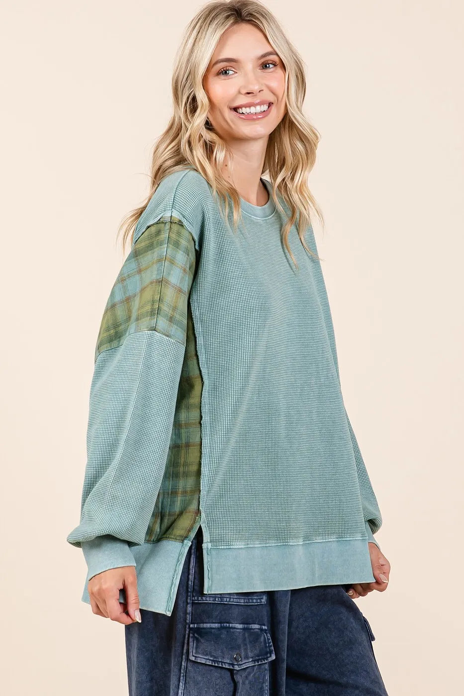 Image of Mittoshop Plaid Panel Mineral Wash French Terry Sweatshirt | Queeble.shop