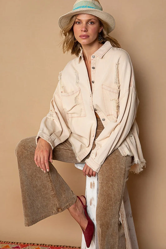 Image of POL Button Down Raw Hem Distressed Shacket | Queeble.shop