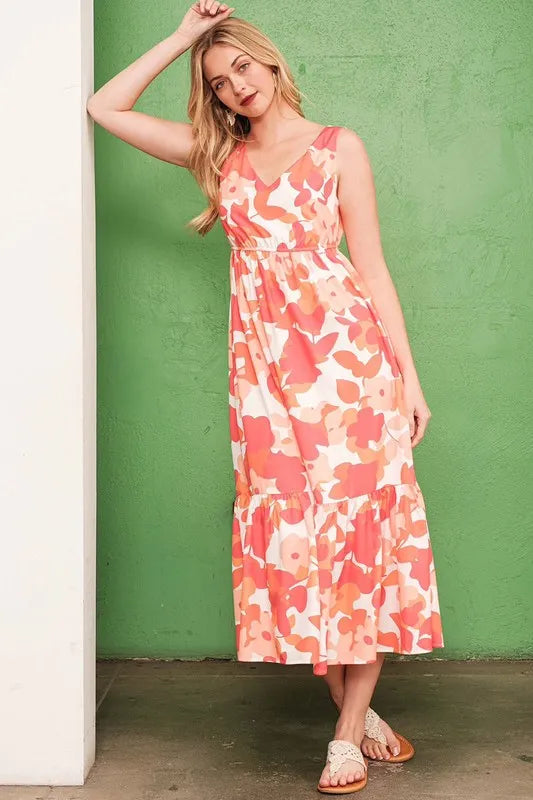Image of Lime 'N' Chili Sleeveless Floral Print V-Neck Midi Dress | Queeble.shop