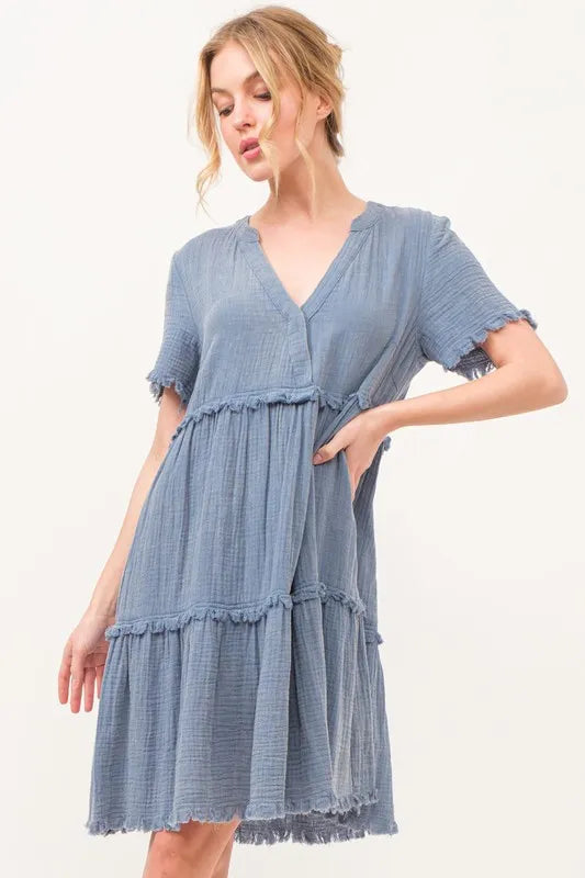 Image of And The Why Washed Frayed Detail Tiered Dress | Queeble.shop