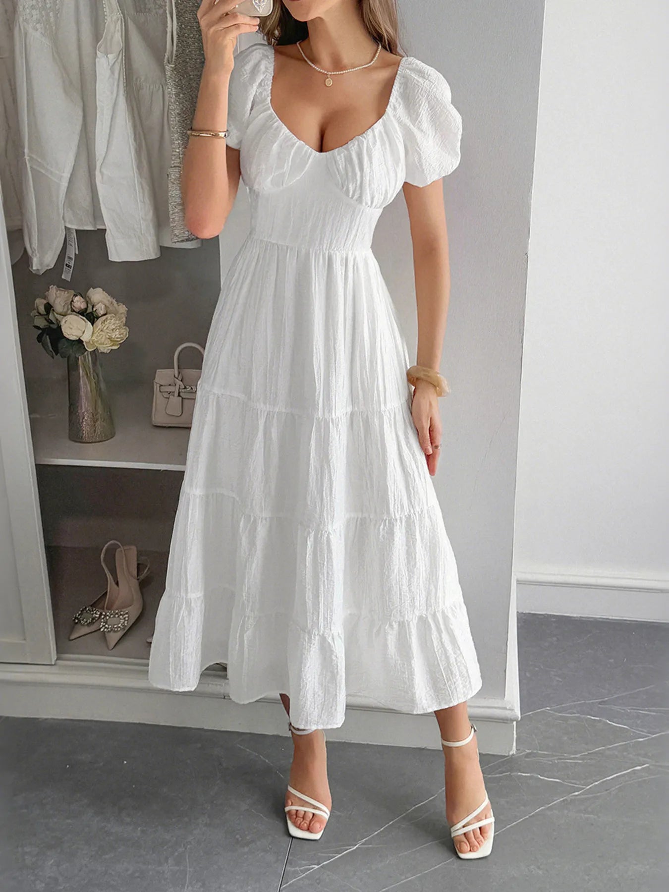 Image of V-Neck Short Sleeve Midi Dress | Queeble.shop