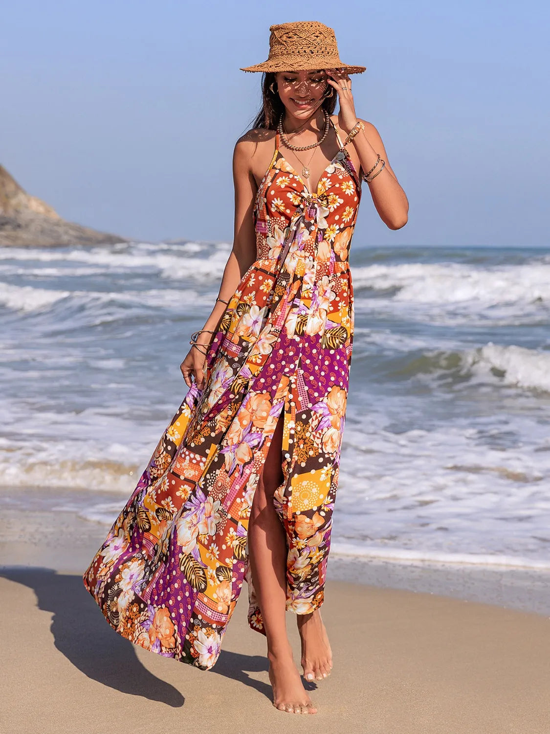 Image of Slit Printed Halter Neck Cami Dress | Queeble.shop
