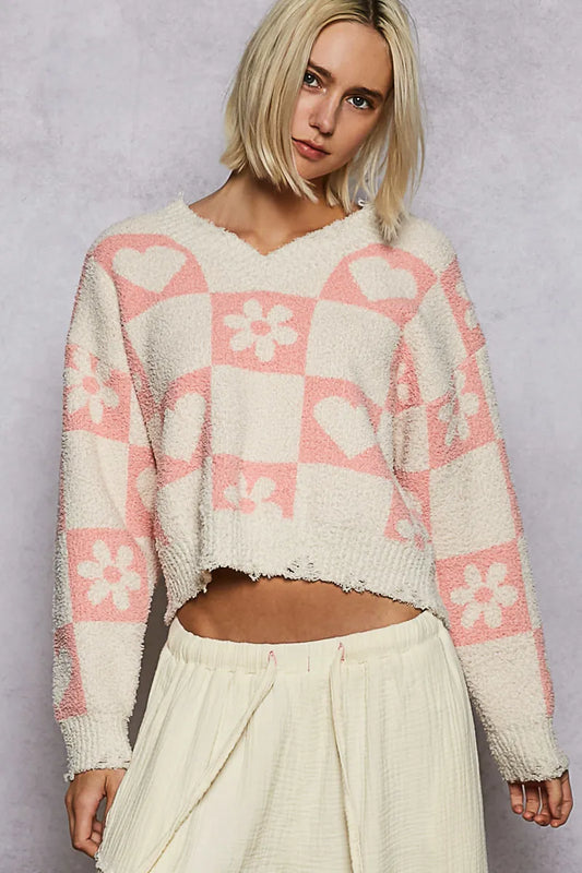 Image of POL V-Neck Heart Pattern Checkered Sweater | Queeble.shop