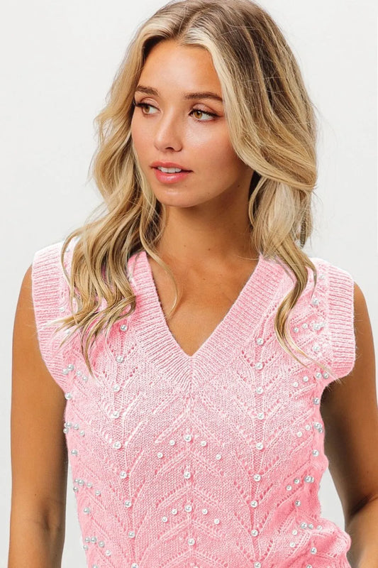 Image of BiBi Chevron Pointelle Pearl Knit Top | Queeble.shop