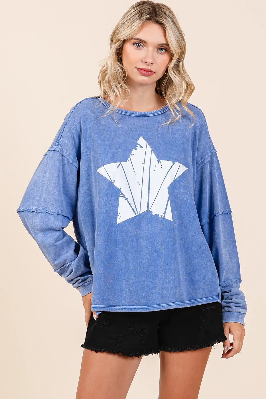 Image of Mittoshop Star Graphic Mineral Wash Long Sleeve Top | Queeble.shop