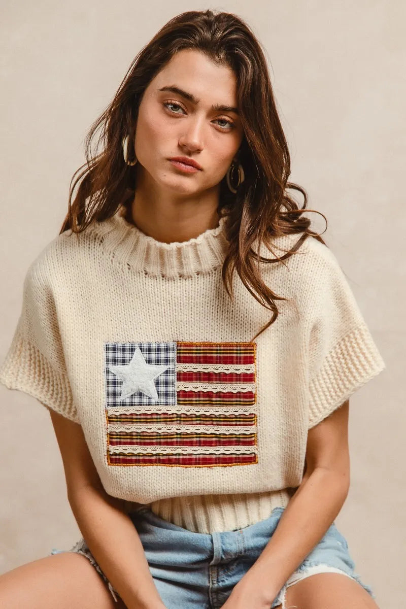 Image of BiBi American Flag Patchwork Drop Shoulder Sweater | Queeble.shop