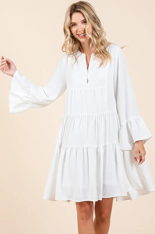 Image of Mittoshop Tiered Notched Flare Sleeve Dress | Queeble.shop