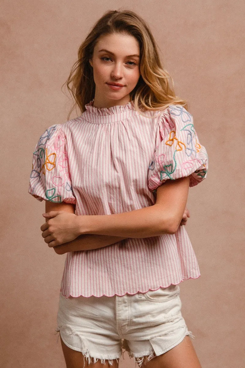 Image of BiBi Embroidery Bubble Sleeve Top With Bottom Scallop Detail | Queeble.shop