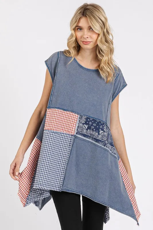 Image of Mittoshop Patchwork Mineral Washed Round Neck Cap Sleeve Top | Queeble.shop