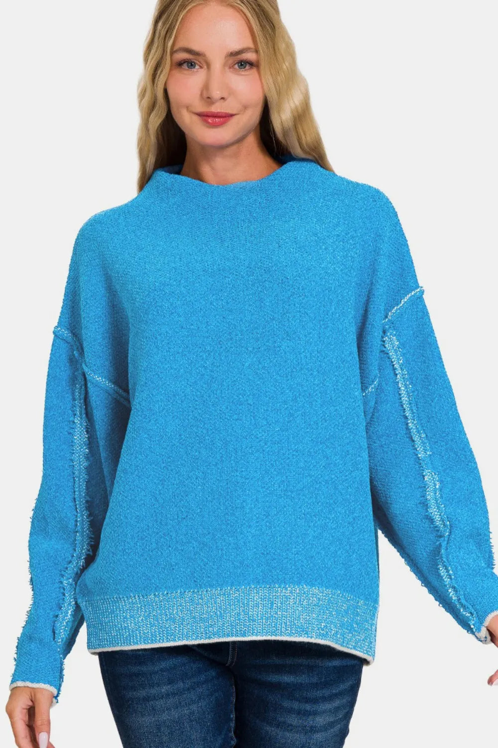 Image of Zenana Exposed Seam Mock Neck Long Sleeve Sweater | Queeble.shop