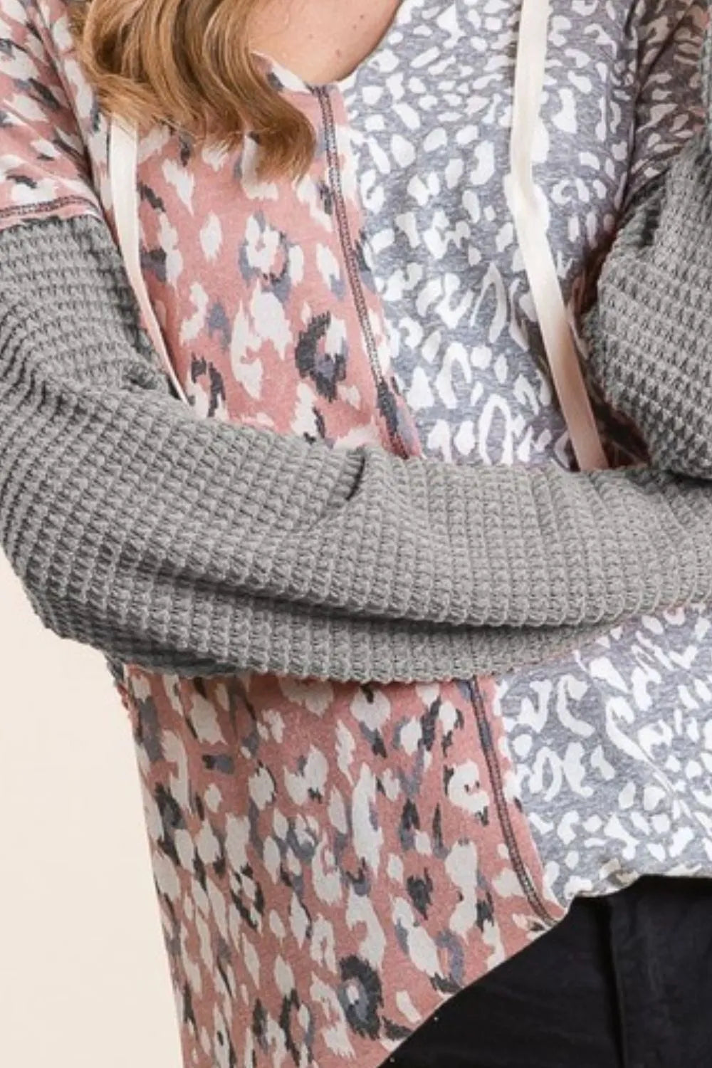 Image of BiBi Popcorn Waffle Knit Hoodie with Print Block Front | Queeble.shop