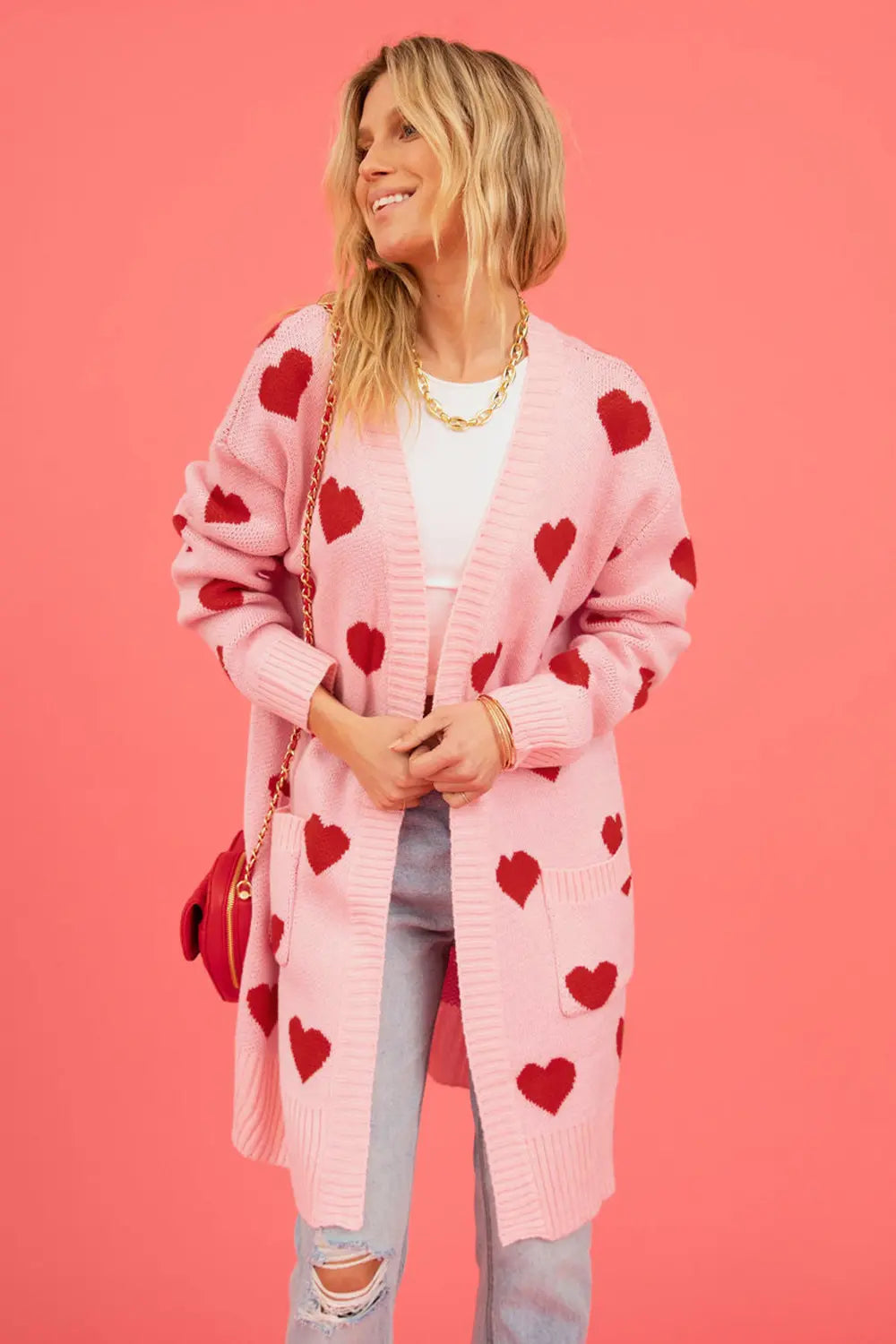 Image of Heart Graphic Open Front Cardigan with Pockets | Queeble.shop