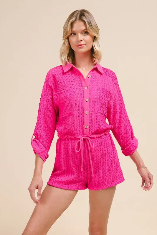 Image of SO ME Textured Knit Button Front Romper | Queeble.shop