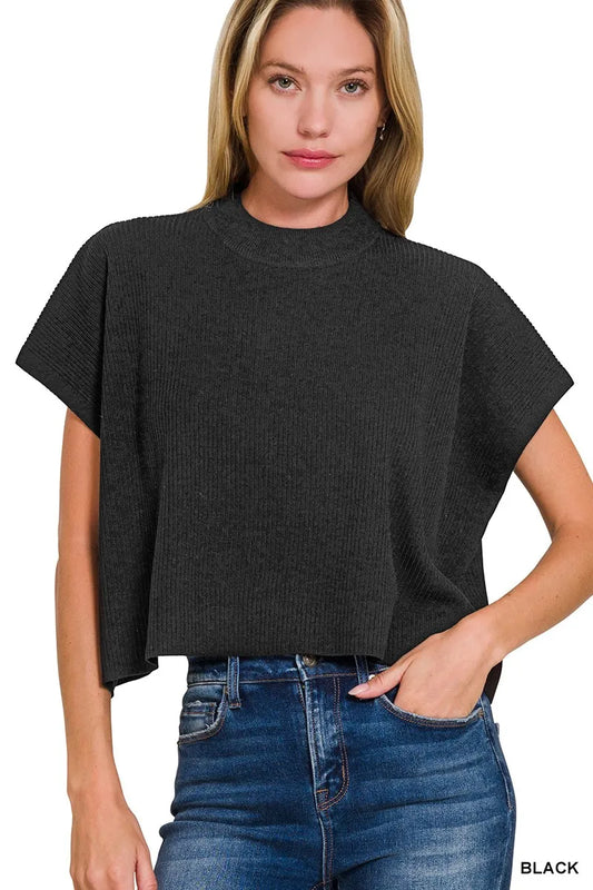 Image of Zenana Viscose Mock Neck Short Sleeve Boxy Sweater | Queeble.shop