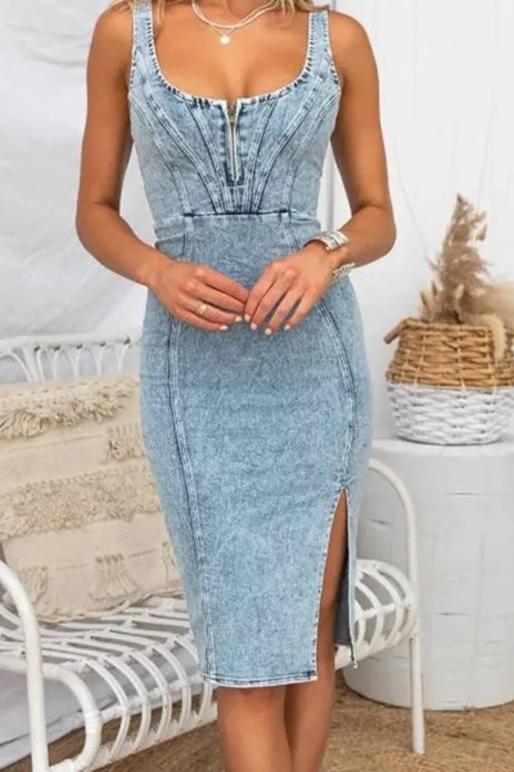Image of Side Slit Washed Scoop Neck Denim Dress | Queeble.shop