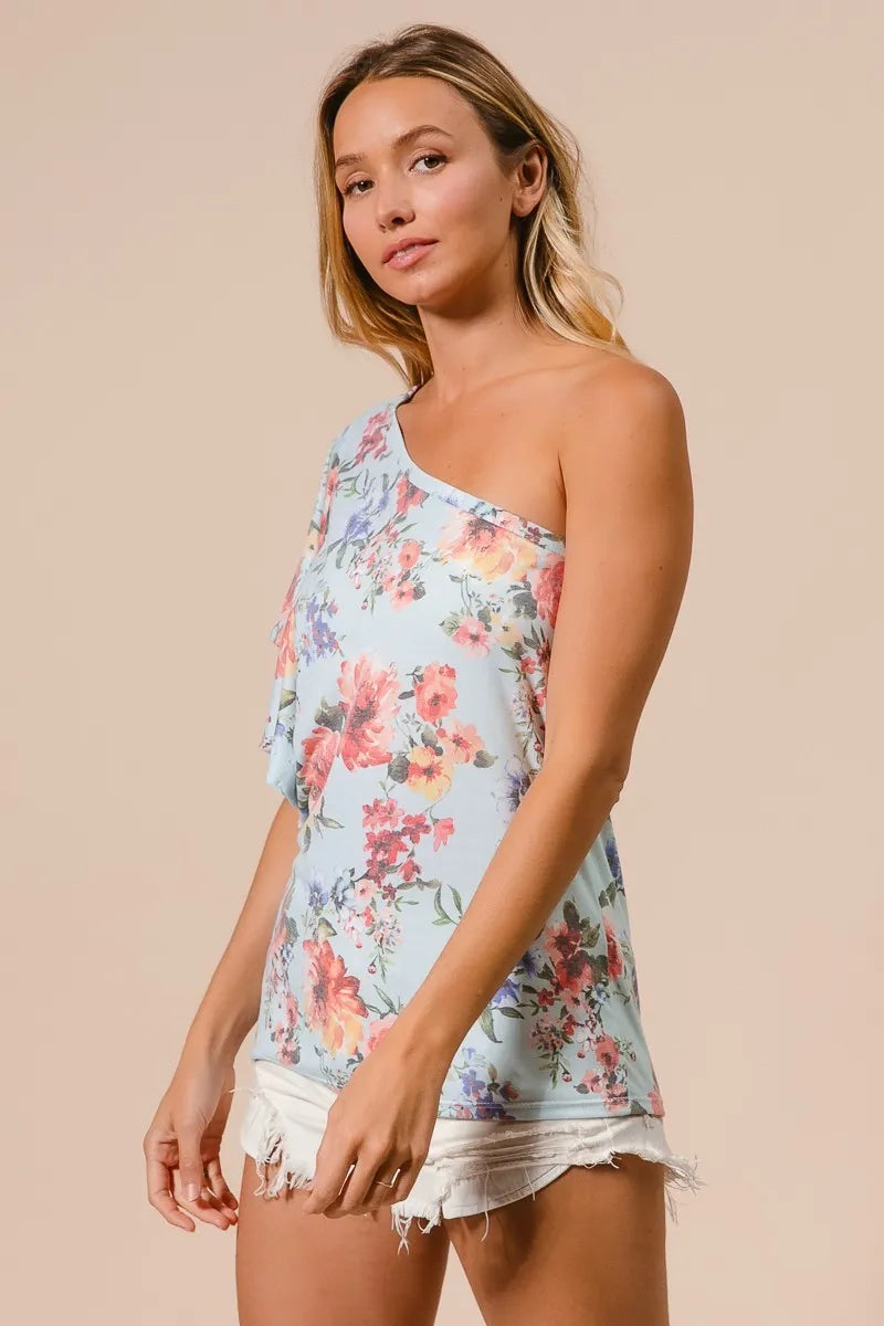 Image of BiBi Floral Printed Jersey Knit Ruffle Sleeve Top | Queeble.shop