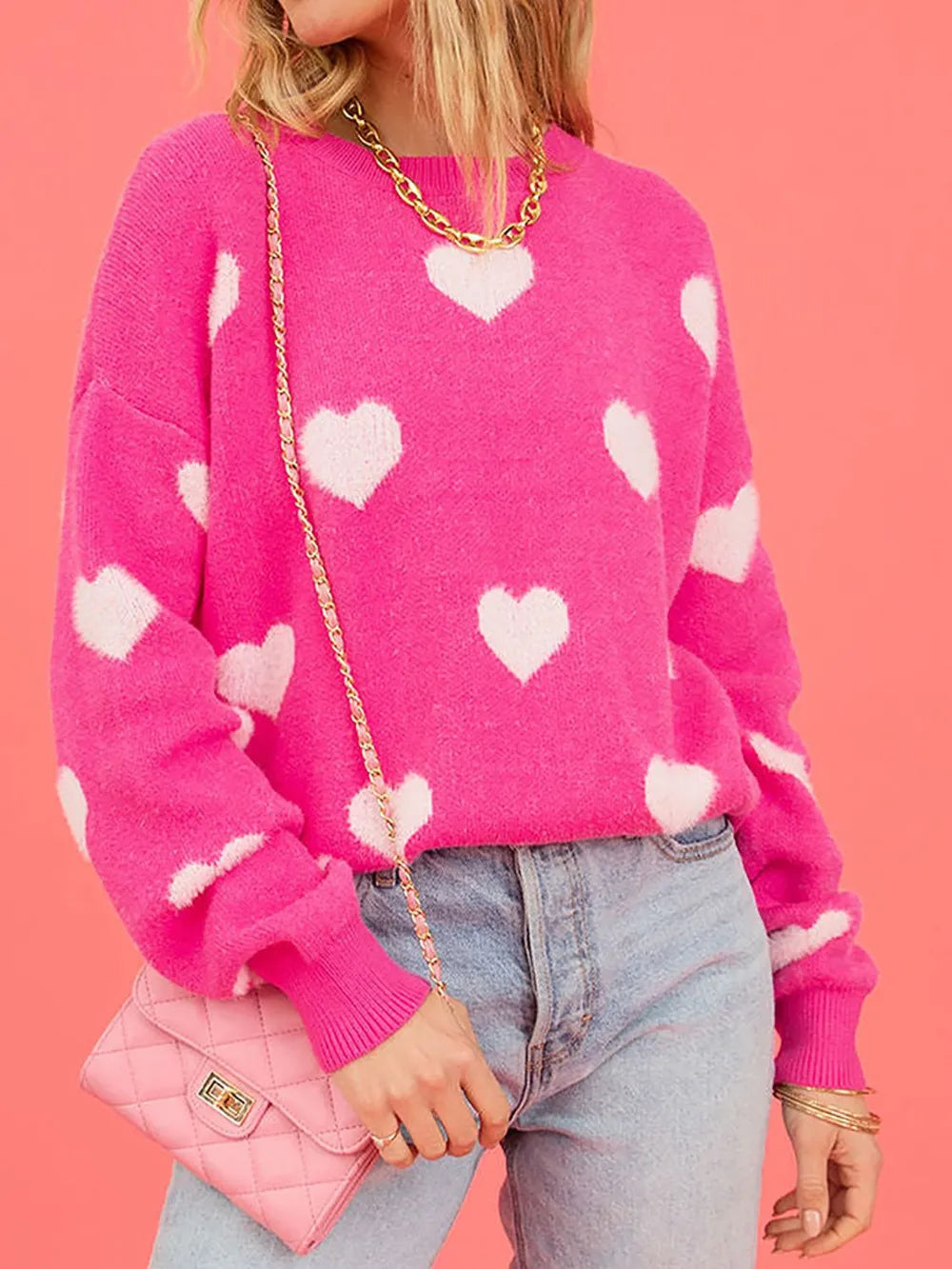 Image of Heart Round Neck Dropped Shoulder Sweater | Queeble.shop