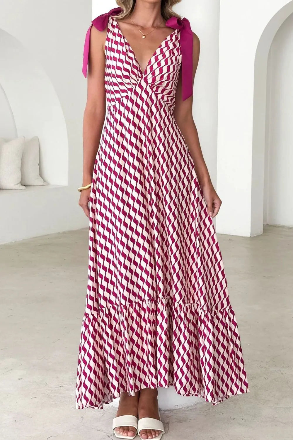 Image of Printed V-Neck Tie Shoulder Midi Cami Dress | Queeble.shop