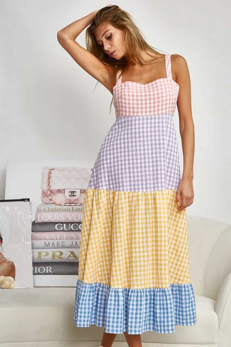Image of BiBi Color Block Tiered Gingham Dress | Queeble.shop