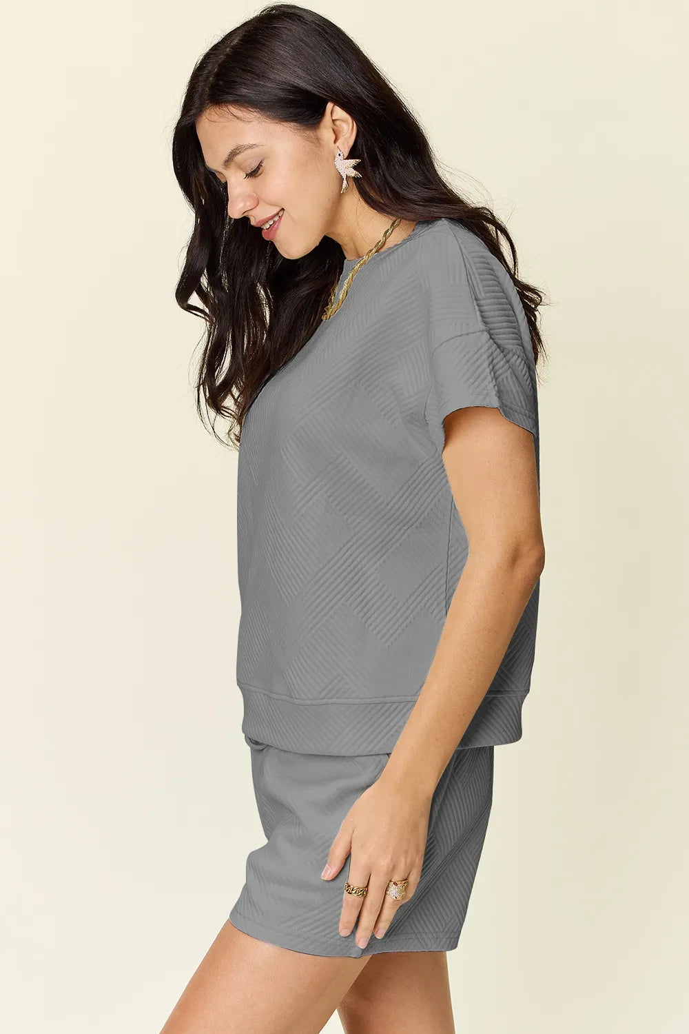 Image of Double Take Full Size Texture Short Sleeve T-Shirt and Drawstring Shorts Set | Queeble.shop
