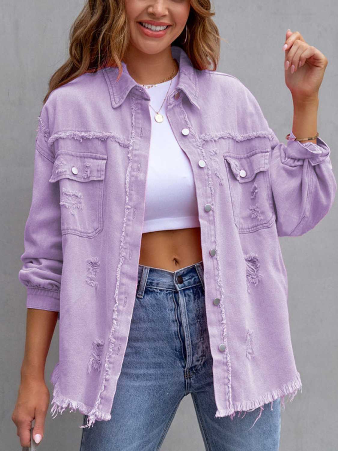 Image of Distressed Drop Shoulder Denim Jacket | Queeble.shop