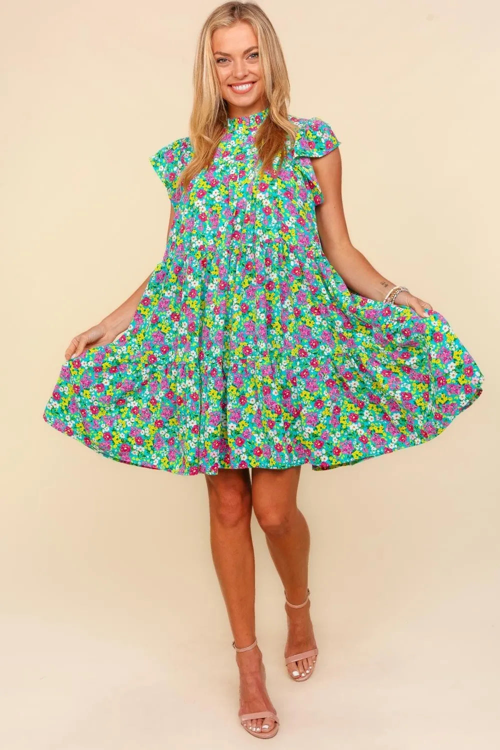 Image of Haptics Frilled Mock Neck Ditsy Floral Dress | Queeble.shop
