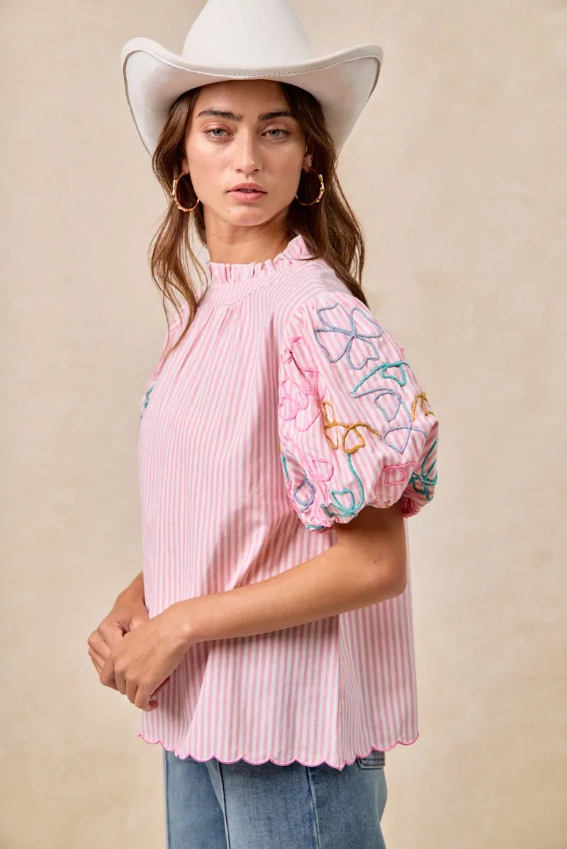 Image of BiBi Embroidery Bubble Sleeve Top With Bottom Scallop Detail | Queeble.shop